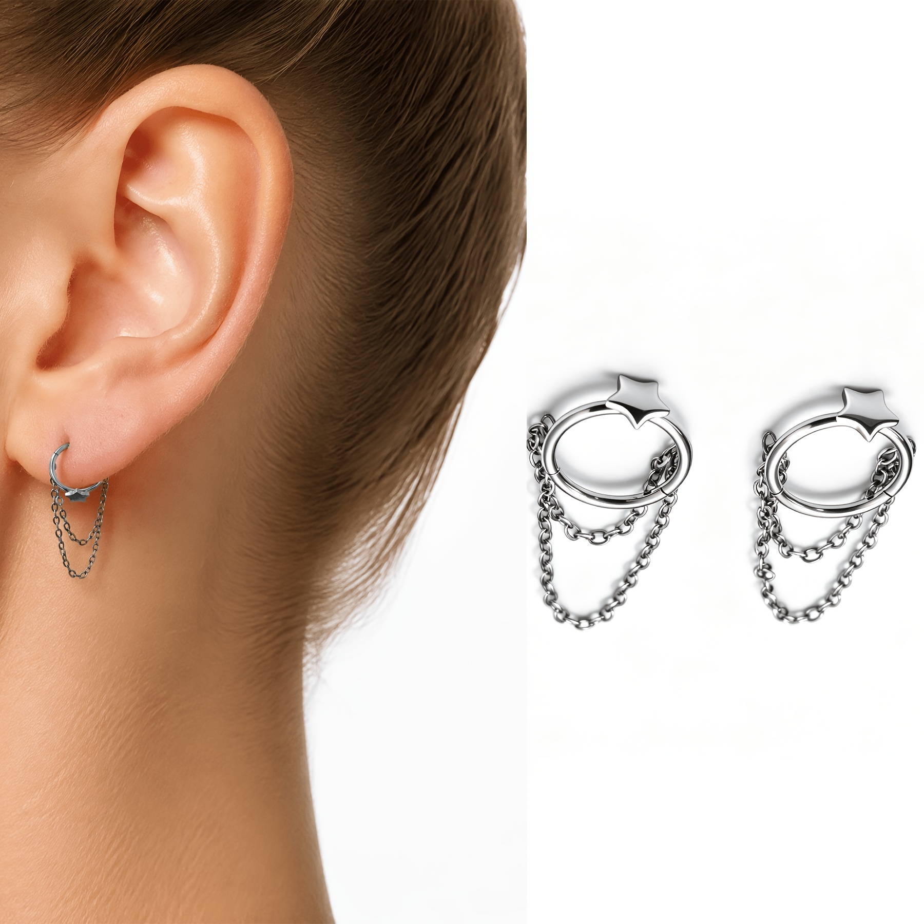 2pcs Y2K Star Chain Drop Hoop Earrings, Trendy Unisex Jewelry